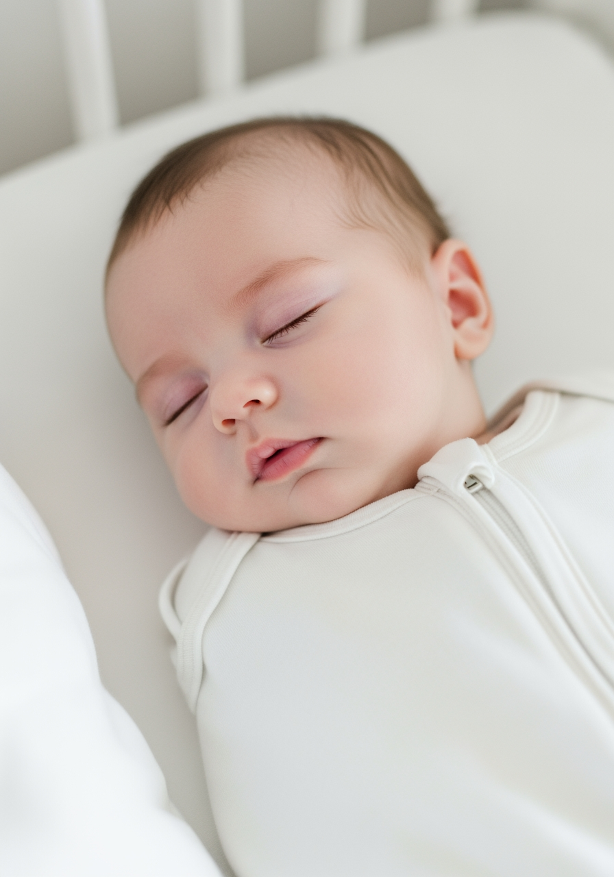 A close-up of a drowsy but awake baby lying calmly in a crib, ready to fall asleep independently.