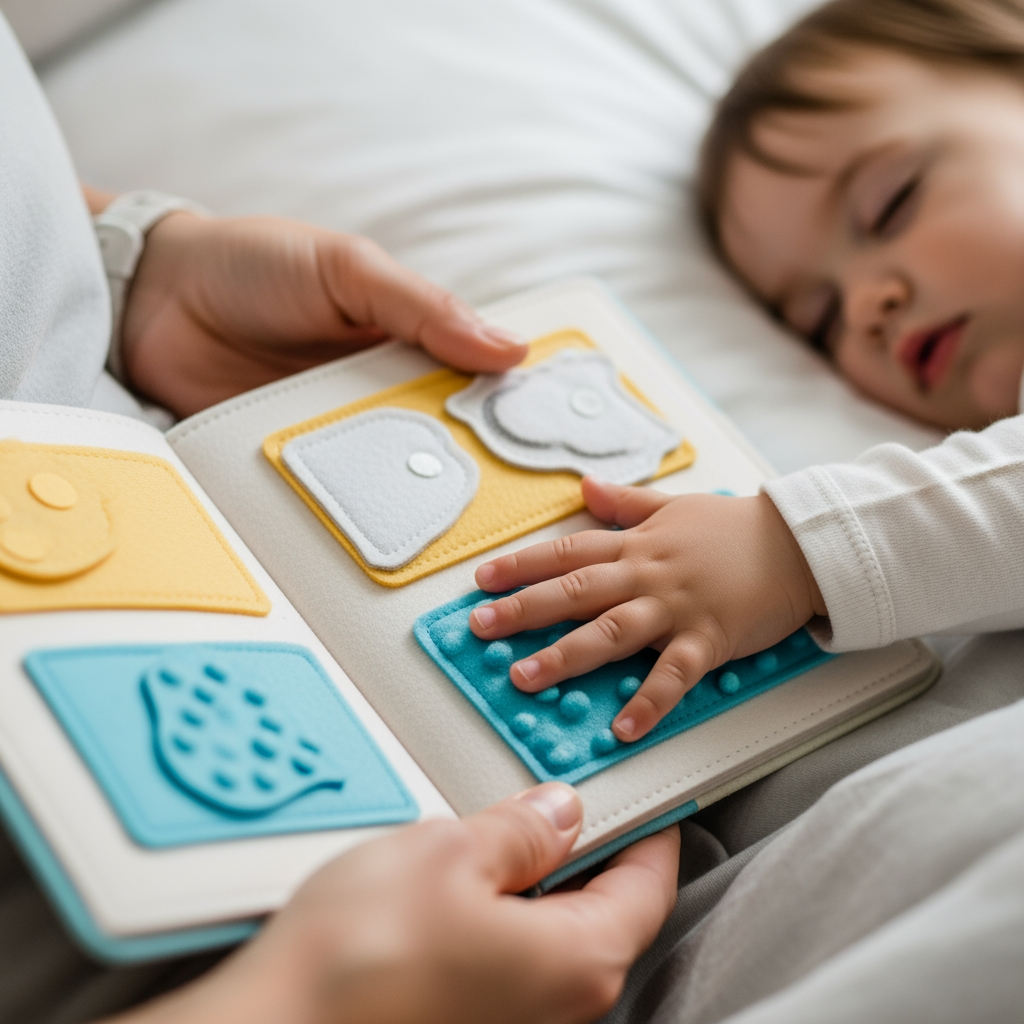 A close-up of a drowsy toddler's hand touching a textured, wordless children's book held by a parent during a calm bedtime routine.