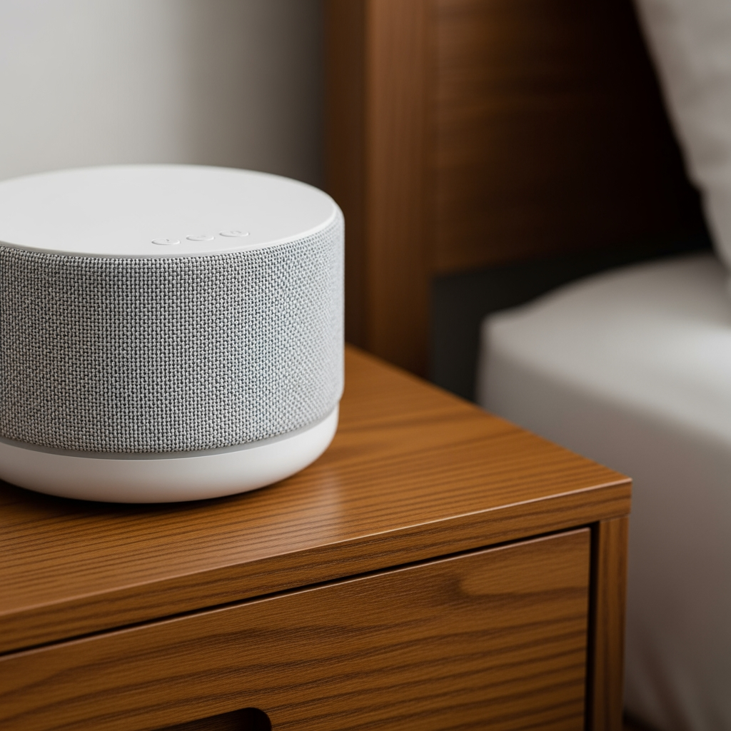 A close-up of a modern, minimalist white noise machine with a fabric speaker cover sitting on a wooden nightstand.