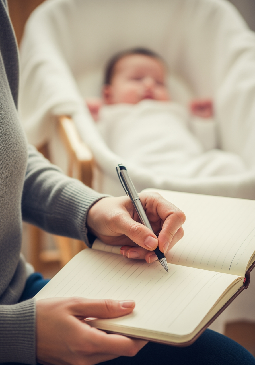A close-up of a mother's hands holding a pen and journal, planning her baby's routine while the baby sleeps in the background.
