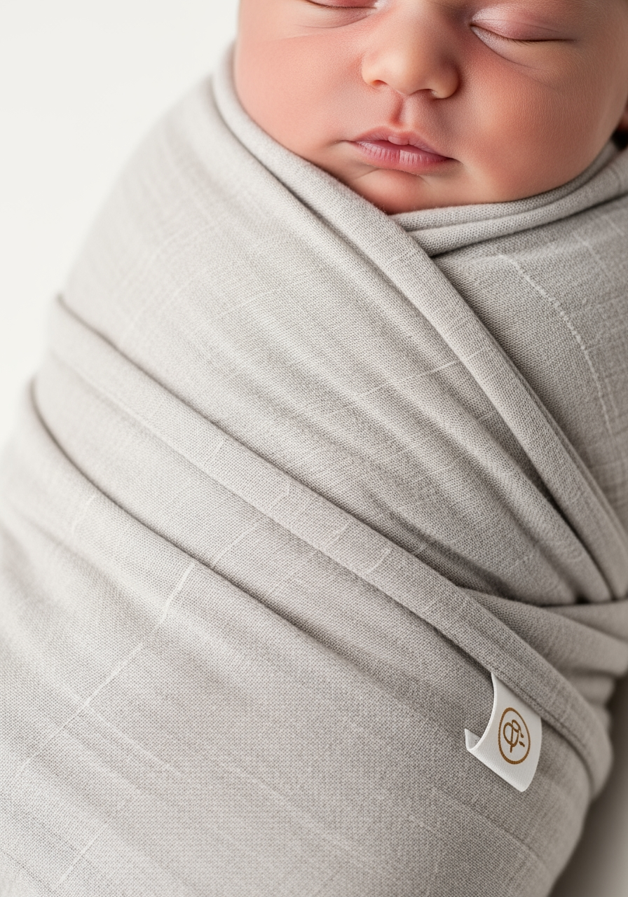 A close-up of a newborn baby sleeping peacefully while snugly wrapped in a soft swaddle blanket.