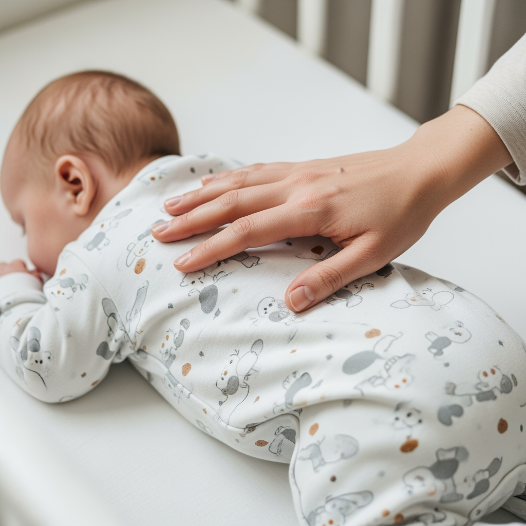A close-up of a parent's hand gently patting a baby's back in a crib, illustrating a brief, reassuring check-in.