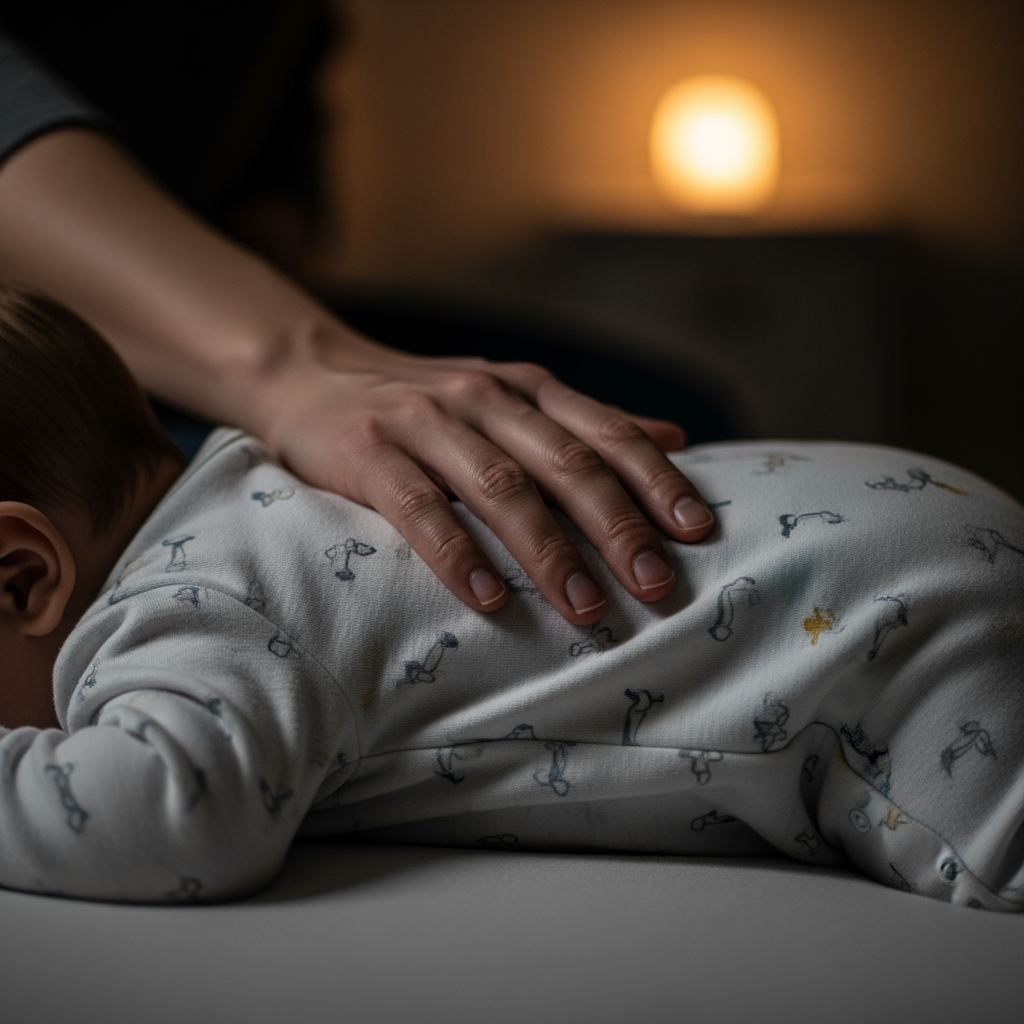 A close-up of a parent's hand gently resting on their baby's back in a dimly lit room.