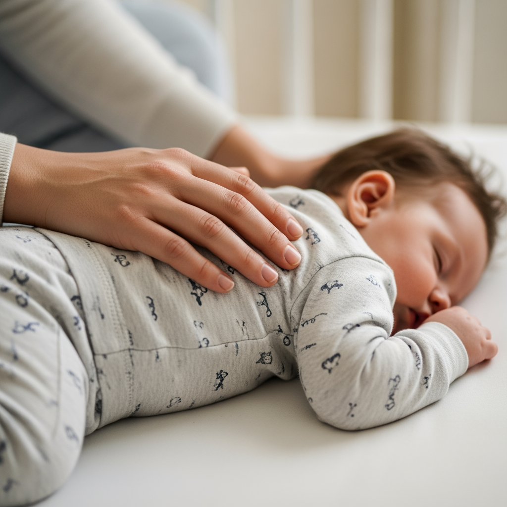 A close-up of a parent's hand gently resting on the back of their sleeping baby, conveying reassurance and peace.