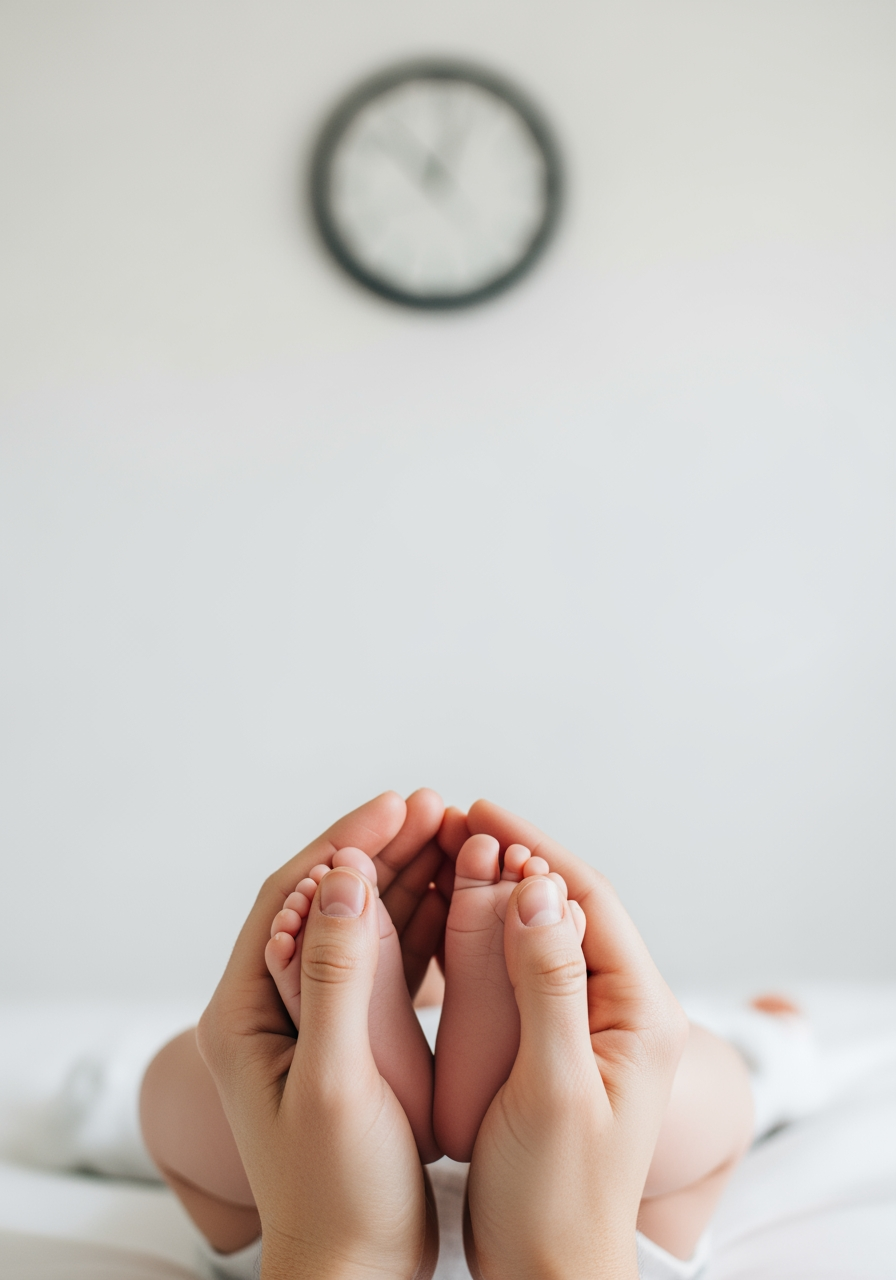 A close-up of a parent's hands holding their baby's feet, with a blurry clock in the background, contrasting flexible routine with rigid schedule.