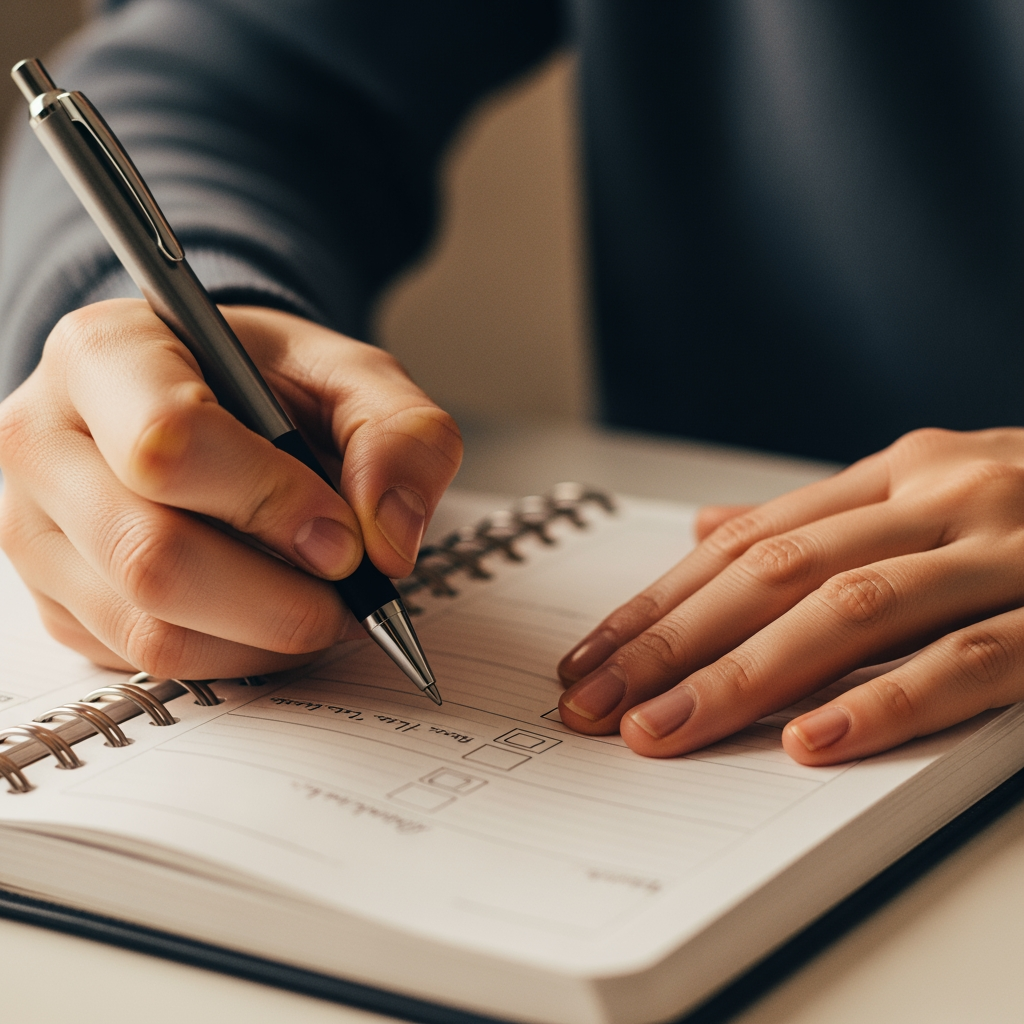 A close-up of a person's hands writing in a planner, with the page showing only abstract lines, symbolizing the creation of a sleep plan.