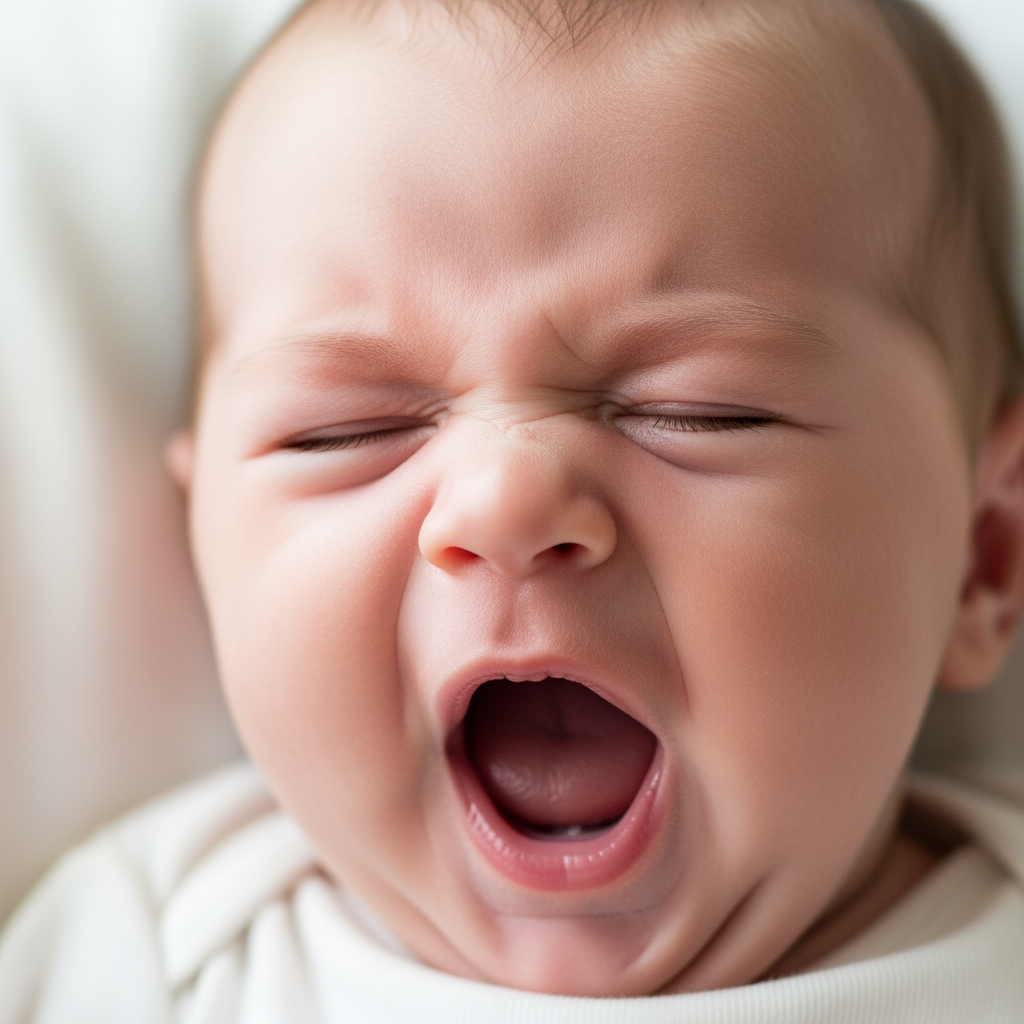 A close-up of a tired baby yawning, a clear sign they are ready for a nap.
