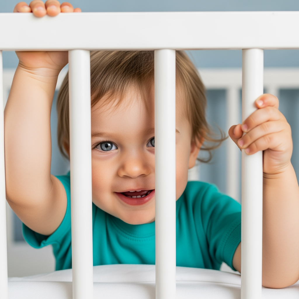 A close-up of a toddler who is wide awake and playful in their crib, not sleeping.