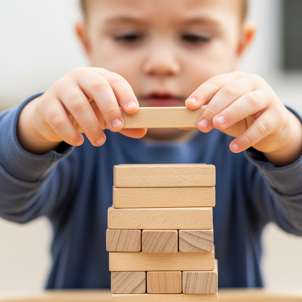 A close-up of a toddler's hands stacking blocks, representing the developmental leaps that cause sleep regression.