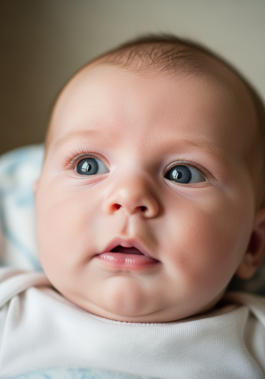 A close-up shot of a baby's face, wide-eyed and looking alert, illustrating the 'wired' state of overtiredness.