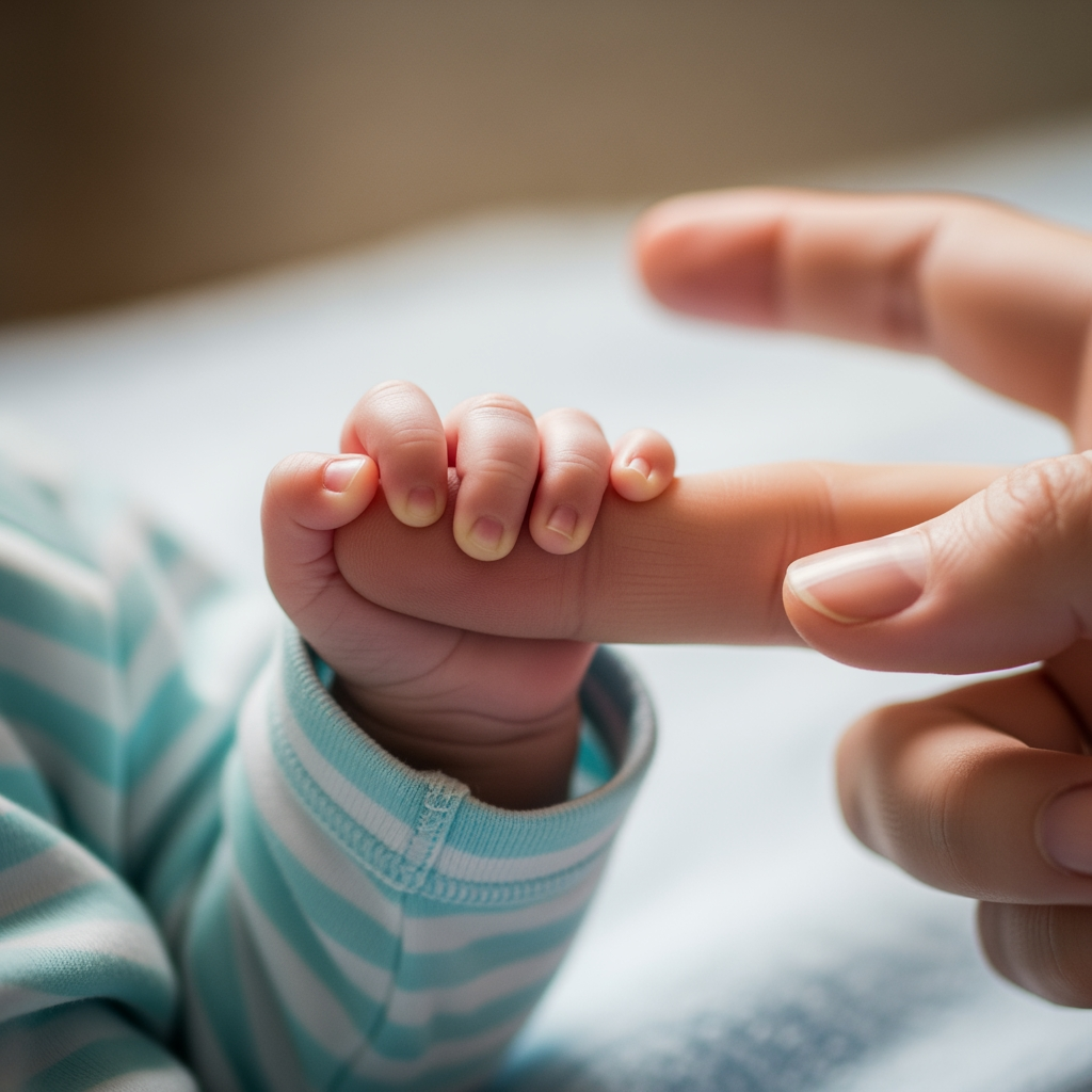 A close-up shot of a baby's hand tightly gripping a parent's finger, symbolizing separation anxiety.