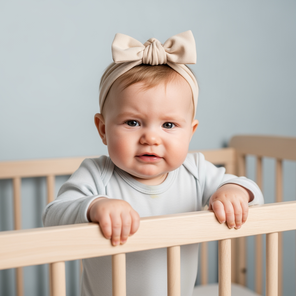 A close-up shot of a fussy 12-month-old baby standing in their crib and refusing to nap.