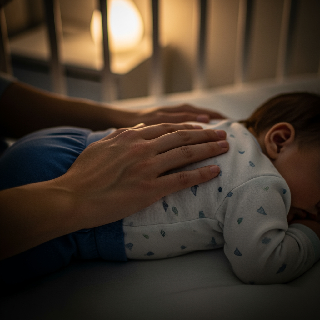 A close-up shot of a parent's hand gently resting on a baby's back as the baby lies in a crib, conveying a sense of soothing and reassurance.