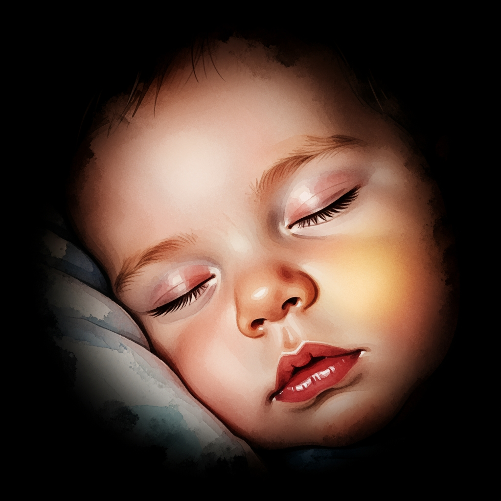 A close-up watercolor painting of a baby's face, sleeping peacefully and looking serene in a very dark room.