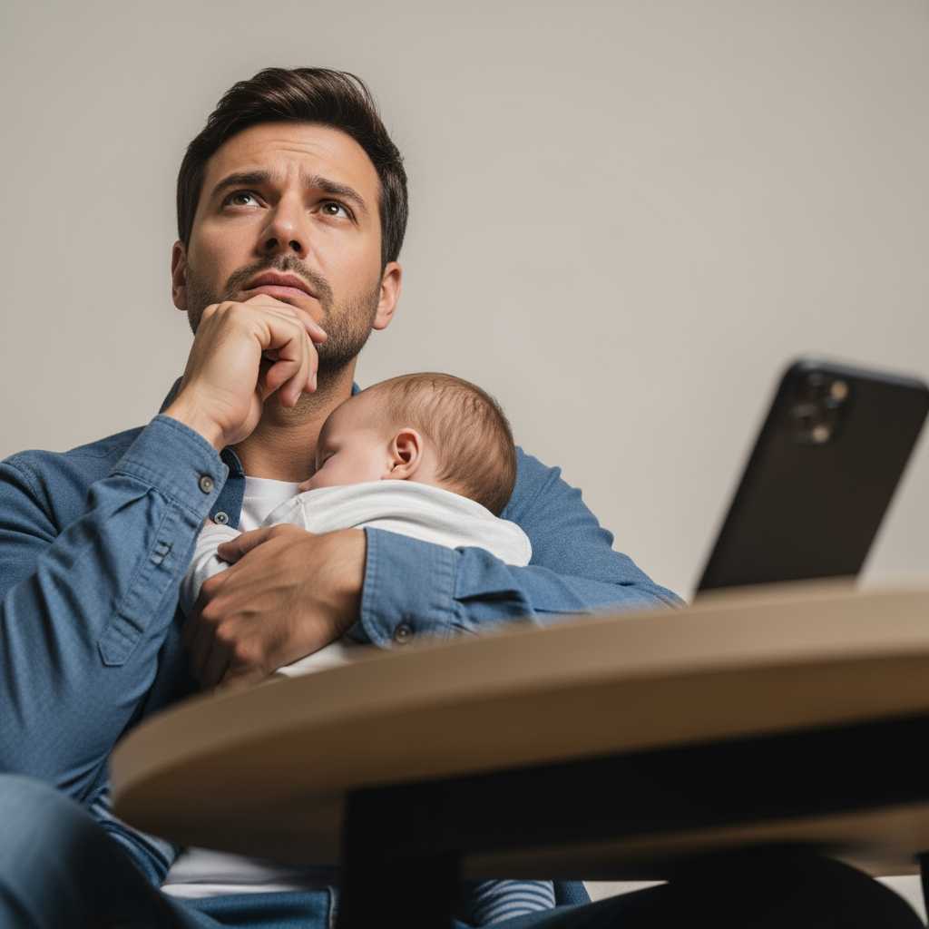 A concerned parent holds their sick baby, looking thoughtful, representing the moment to decide whether to call a doctor.