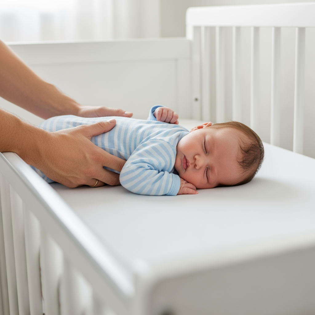 A confident parent gently places their drowsy but awake baby into a crib for sleep.