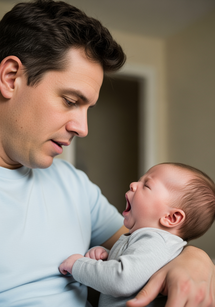A father lovingly watches his baby yawn, an example of observing a baby's sleepy cues for wake windows.