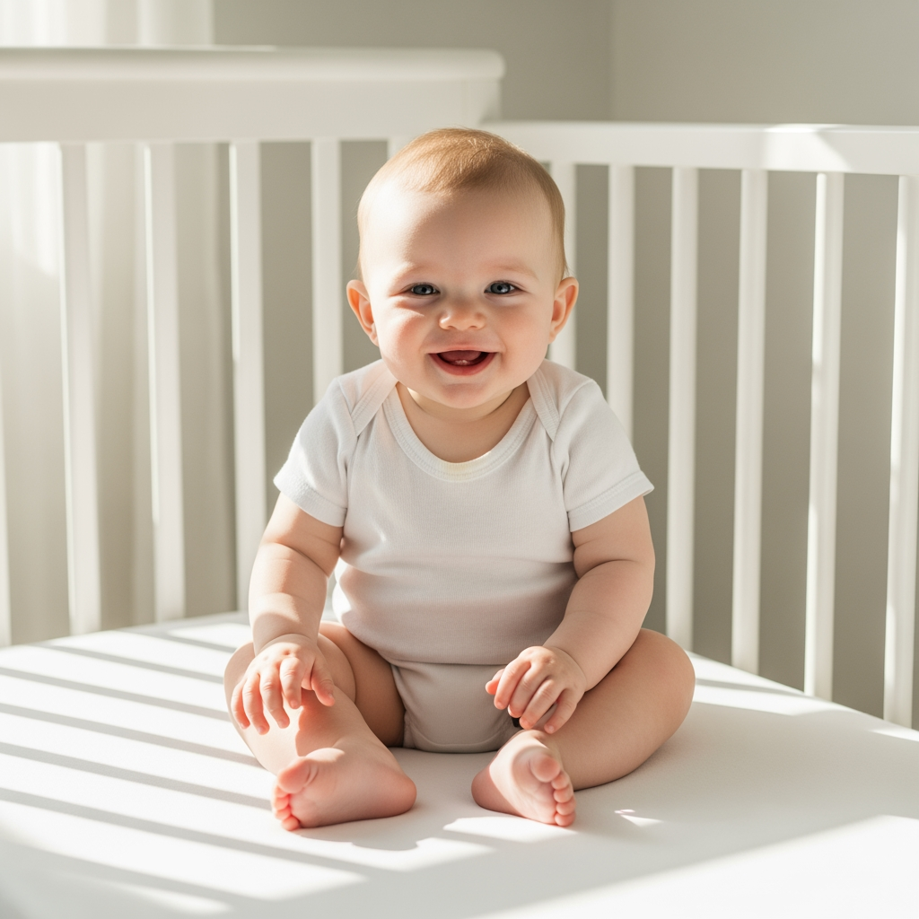 A happy 12-month-old baby sits up in their crib, looking refreshed and content in a brightly lit room.