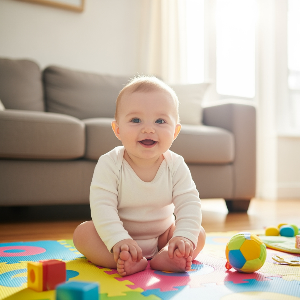 A happy and healthy baby sits up and plays on a mat in a bright, sunlit room.