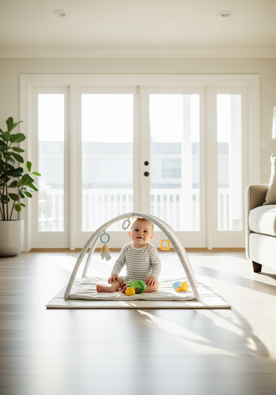 A happy, well-rested baby plays on a mat in a bright living room, showing the positive outcome of a successful routine.