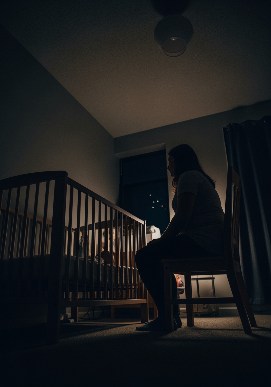 A low-angle cinematic shot of a parent sitting patiently in a chair next to a baby's crib in a dark room, illustrating a gentle sleep transition method.