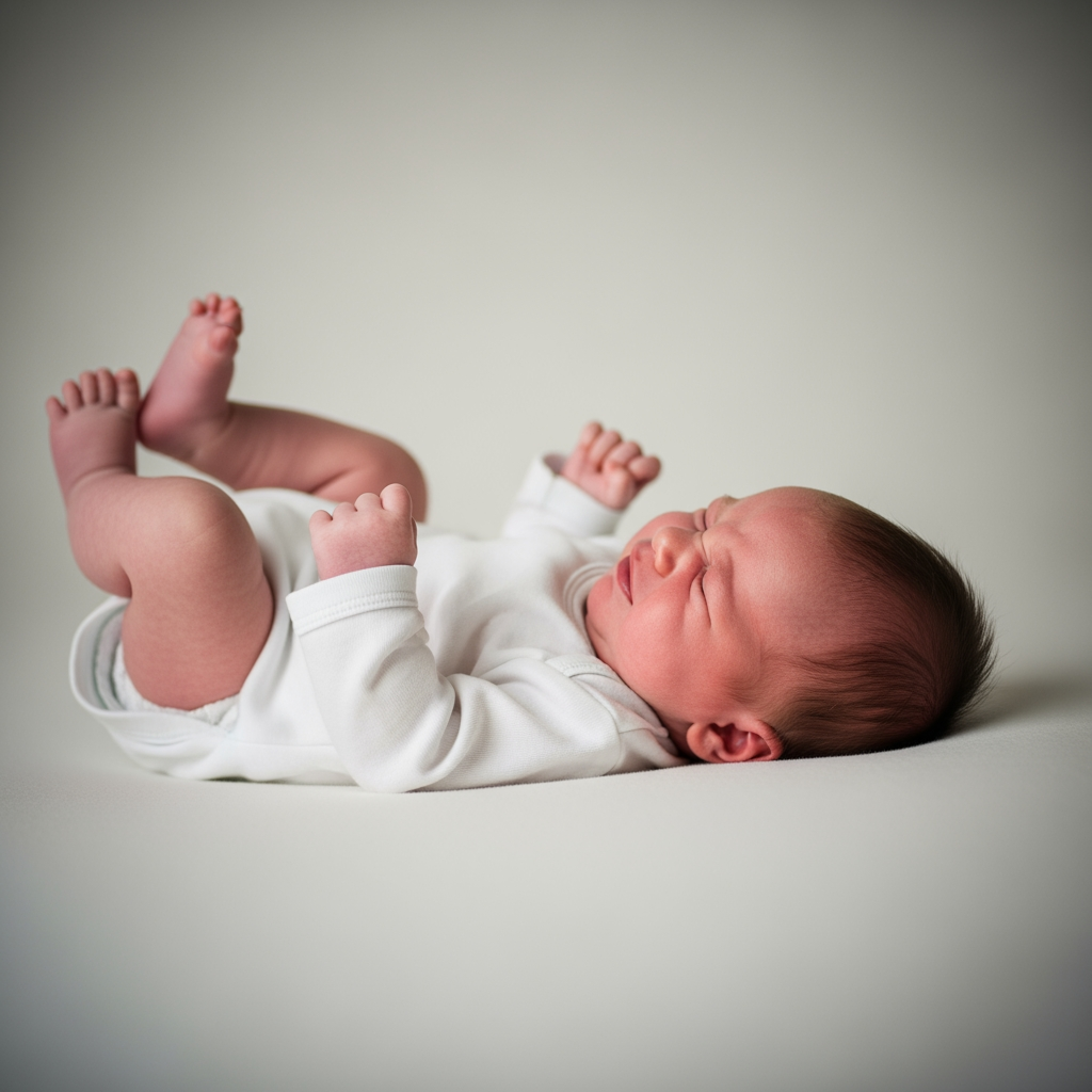 A low-angle view of a fussy, overtired baby arching their back and clenching their fists in distress.