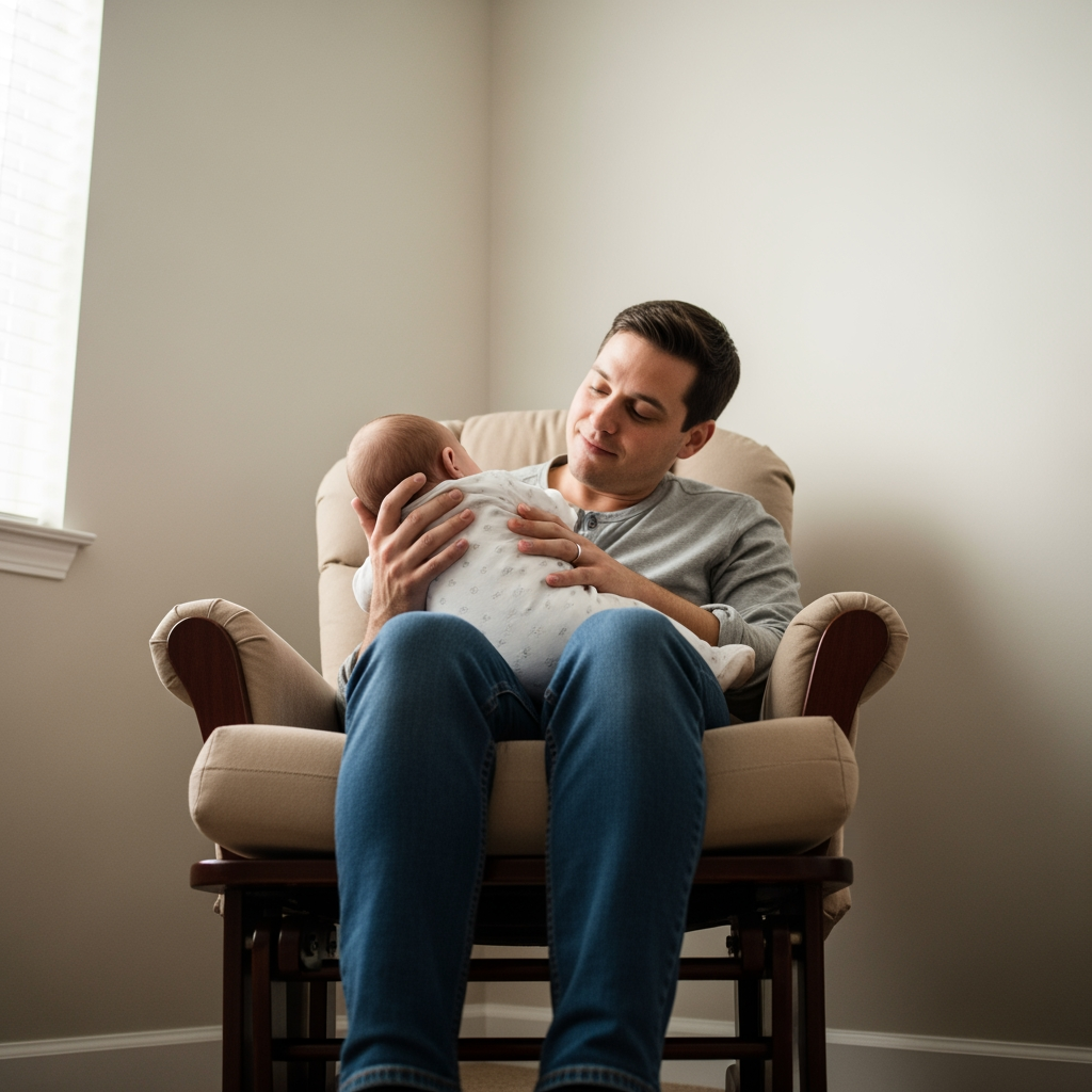 A low-angle view of a parent sitting in a chair and gently rocking their baby.