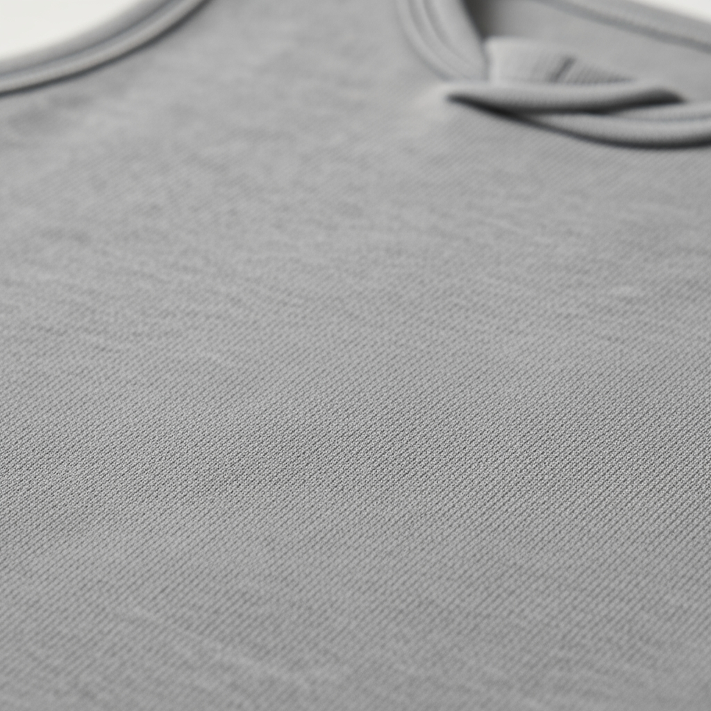 A macro close-up of the breathable, woven fabric of a new, grey baby sleep sack, emphasizing its texture and quality for safe sleep.
