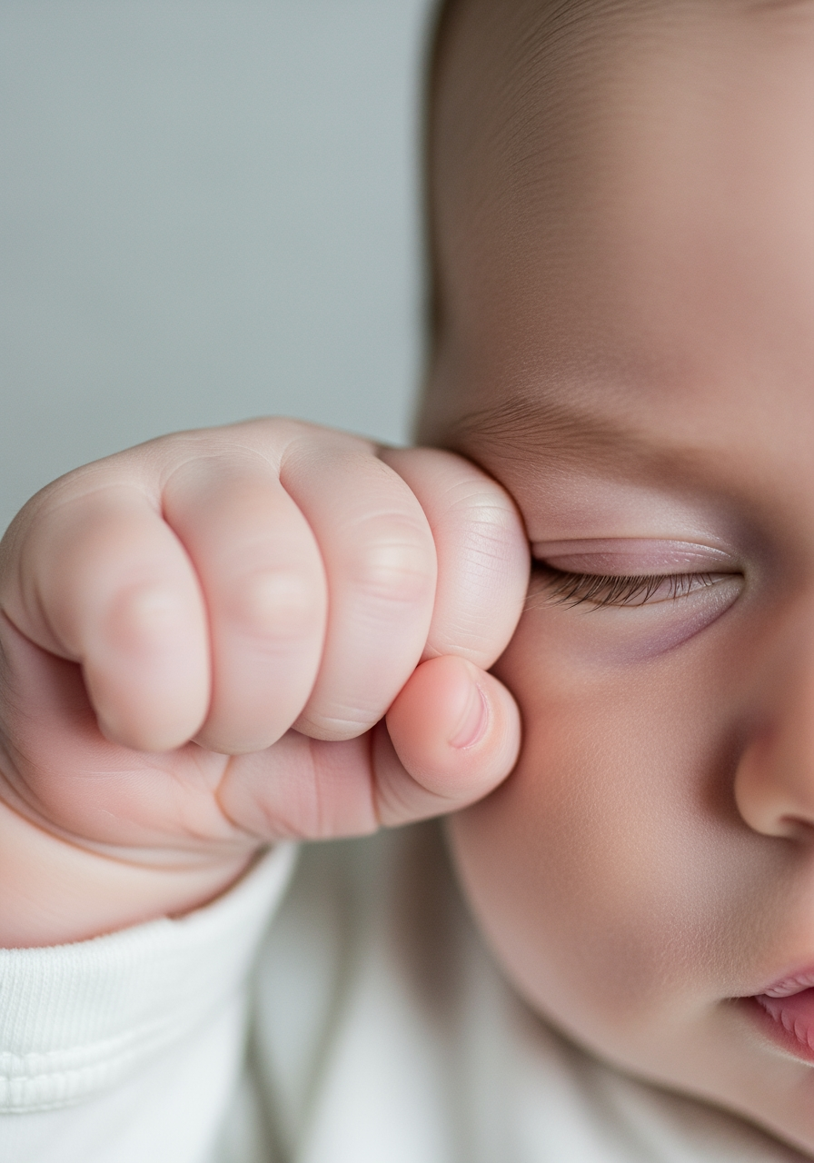 A macro photograph showing a baby's tiny fist rubbing a sleepy eye, a clear sign of tiredness.