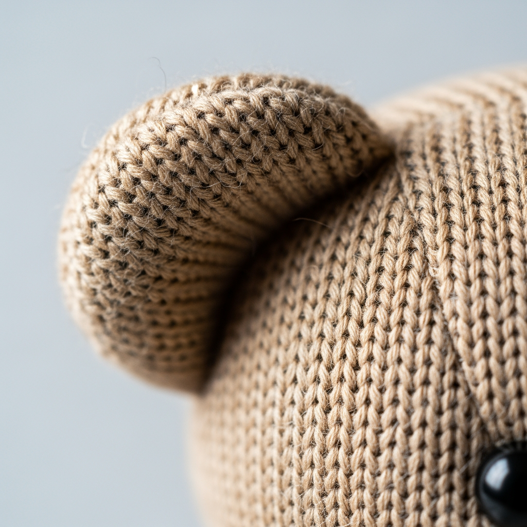A macro shot focusing on the soft, knitted texture of a well-loved stuffed animal's ear, conveying a sense of comfort and security.