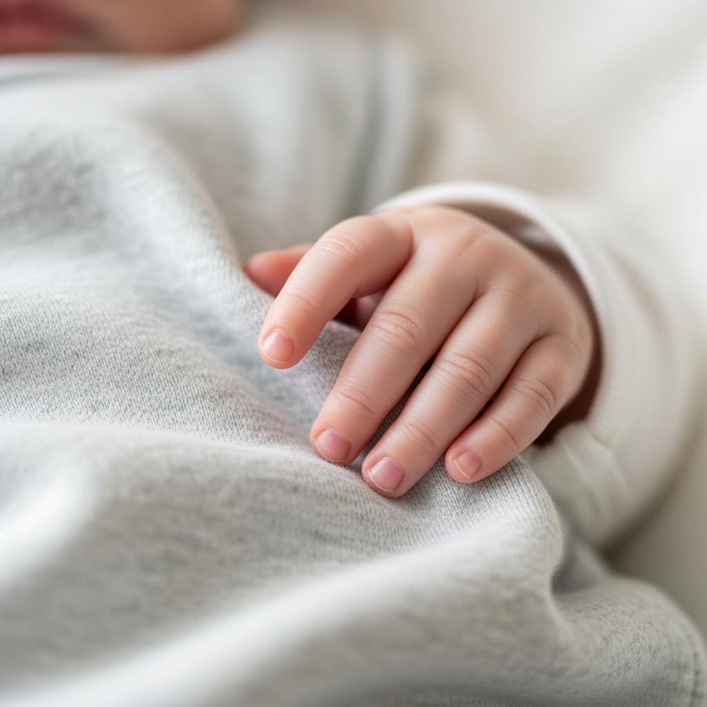 A macro shot of a baby's hand holding a soft sleep sack, representing a positive sleep association.