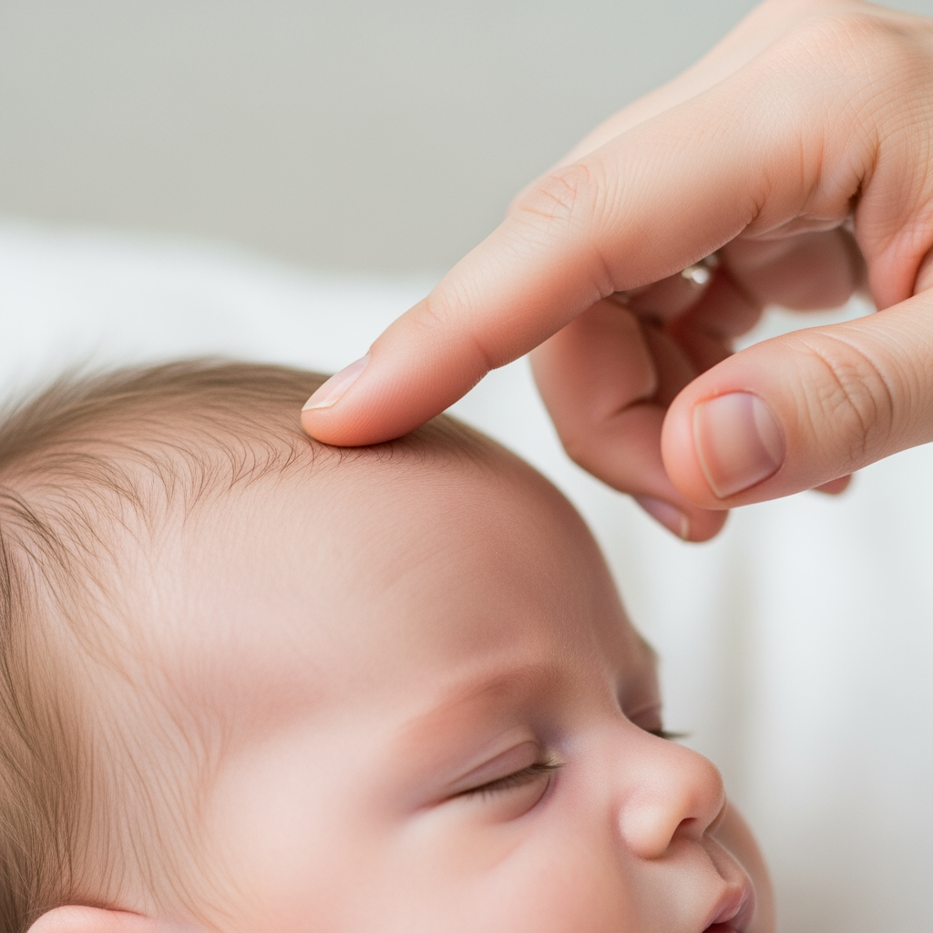 A macro shot of a parent's hand gently touching a baby's forehead to feel for warmth.