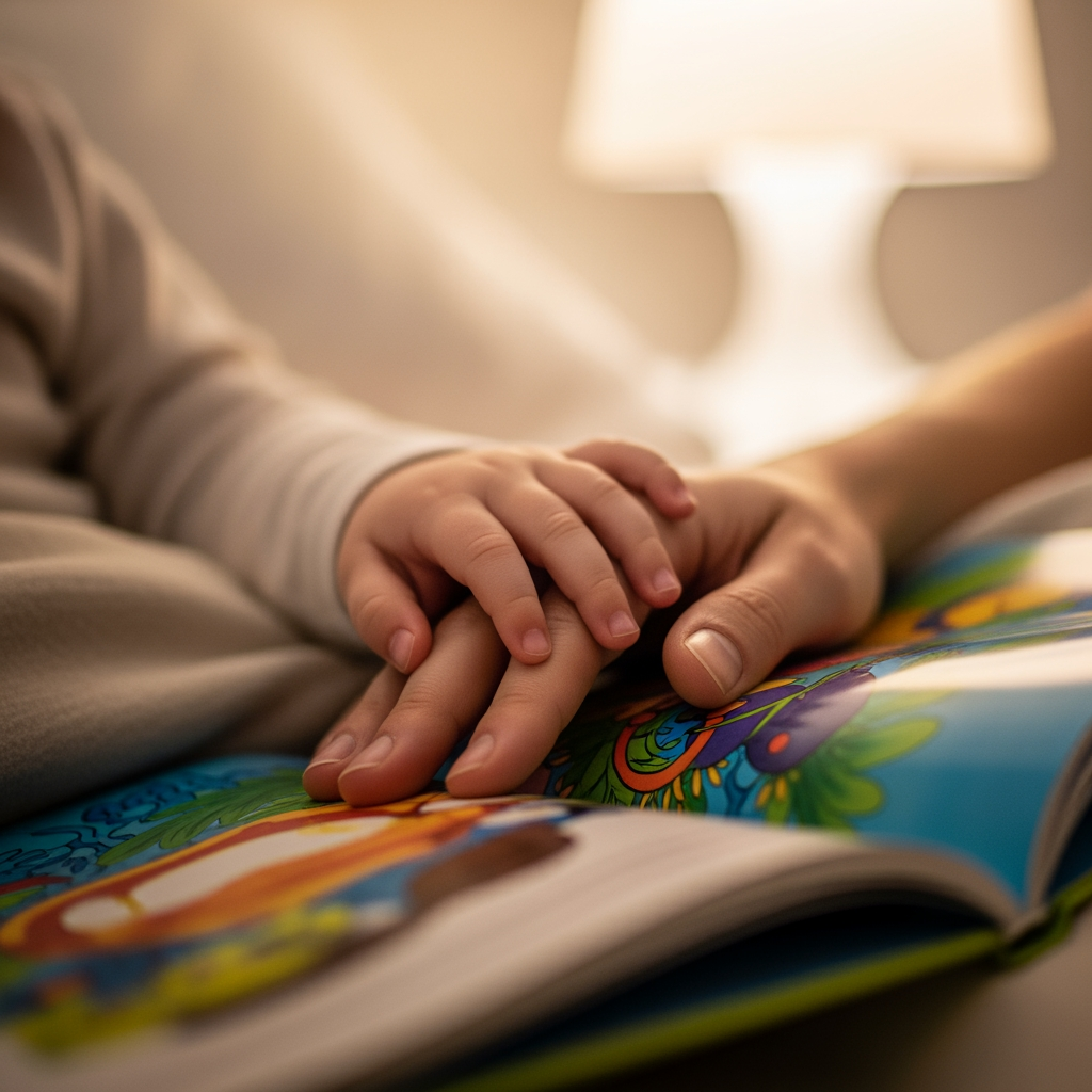 A macro shot of a toddler's hand resting on a parent's hand while holding a picture book, symbolizing connection time before bed.