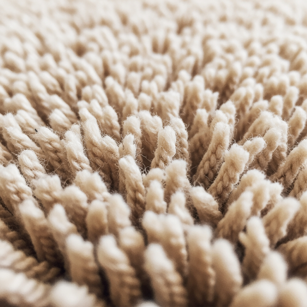 A macro watercolor close-up of the thick, sound-absorbing fibers of a plush nursery rug.