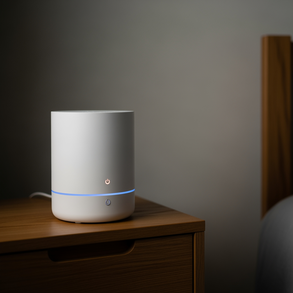 A minimalist white noise machine resting on a wooden nightstand in a dimly lit room, symbolizing a consistent and peaceful sleep routine.
