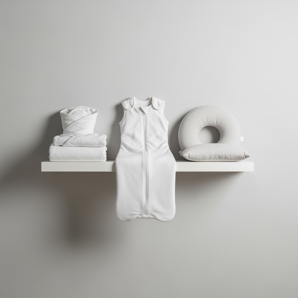 A neat shelf holds a swaddle, a sleep sack, and a toddler pillow, representing sleep adjustments for different baby ages.
