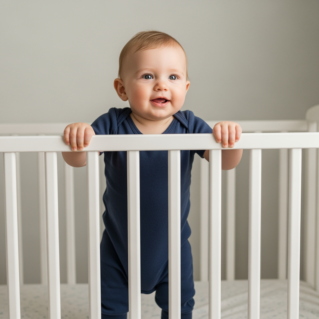 A one-year-old baby happily practices standing up in their crib, showcasing a developmental milestone that can disrupt sleep.