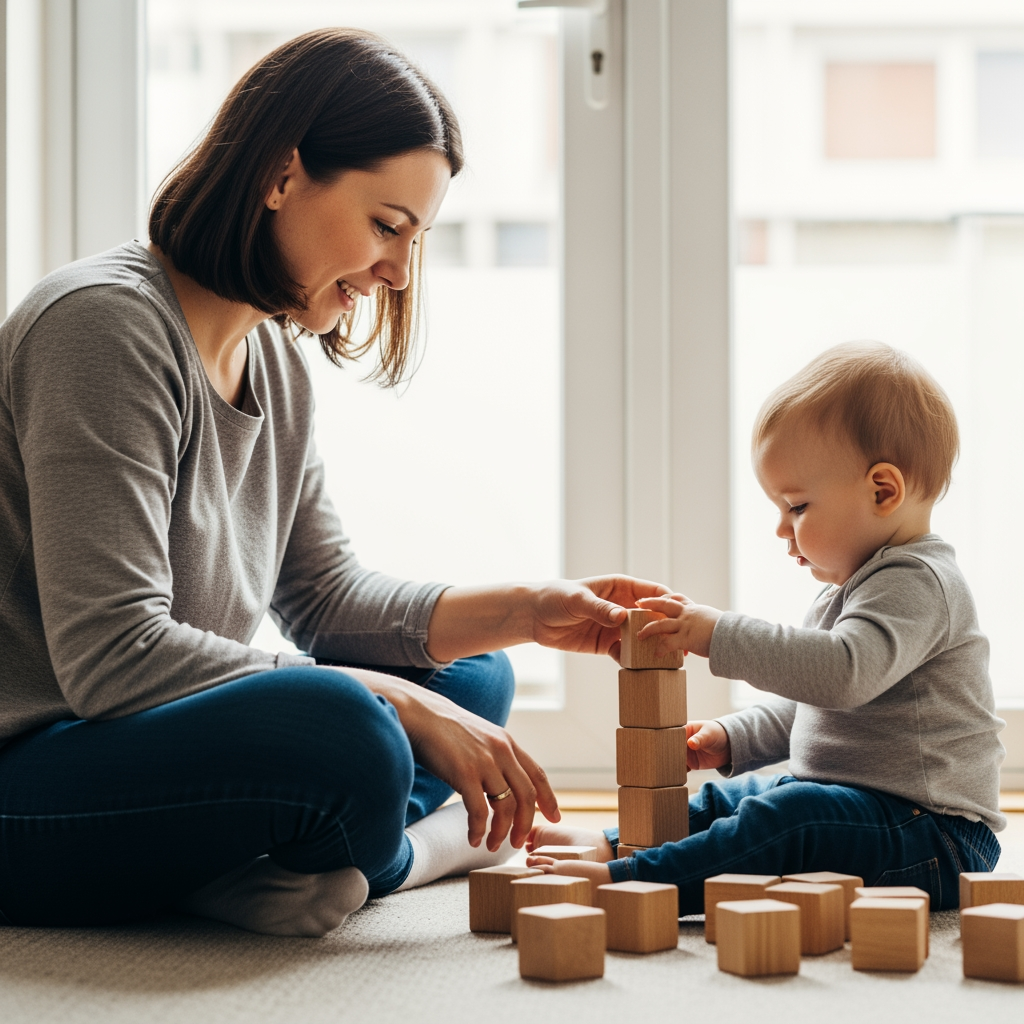 A parent and toddler sit on the floor in a brightly lit room, calmly playing with wooden blocks, illustrating a structured and positive routine.