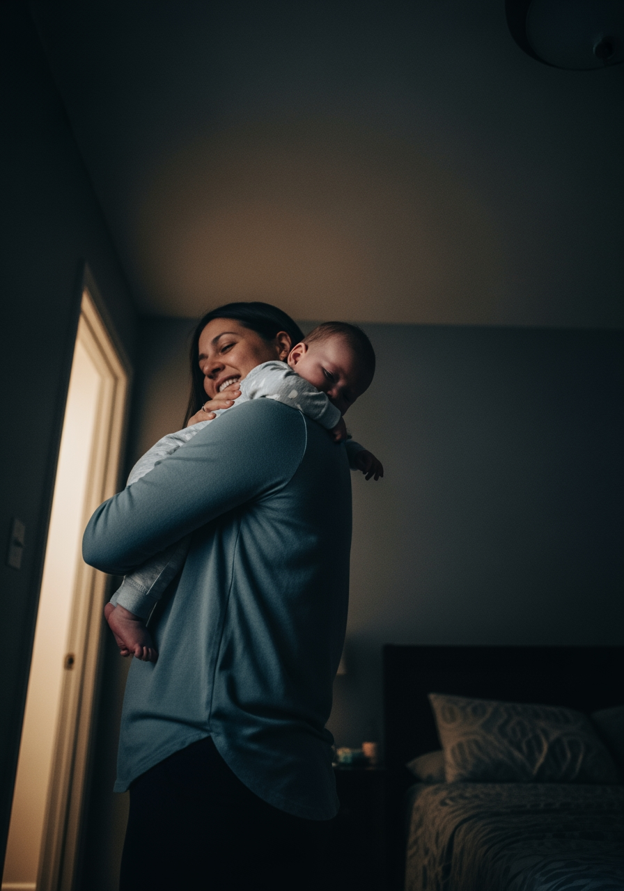 A parent comforts a fussy baby at night in a dimly lit room, representing troubleshooting a baby's routine.