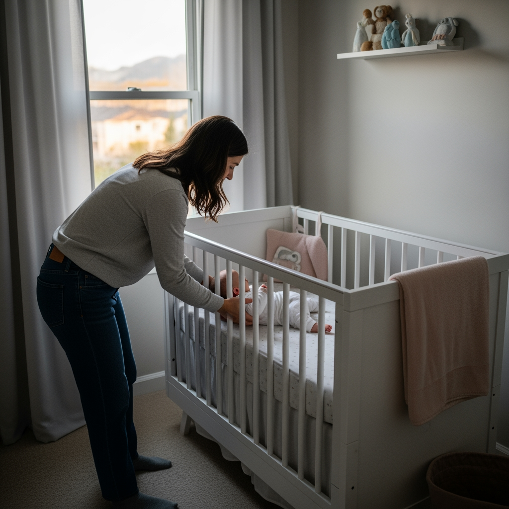 A parent gently places a calm baby into a crib in a dimly lit nursery as part of a weekend sleep reset plan.