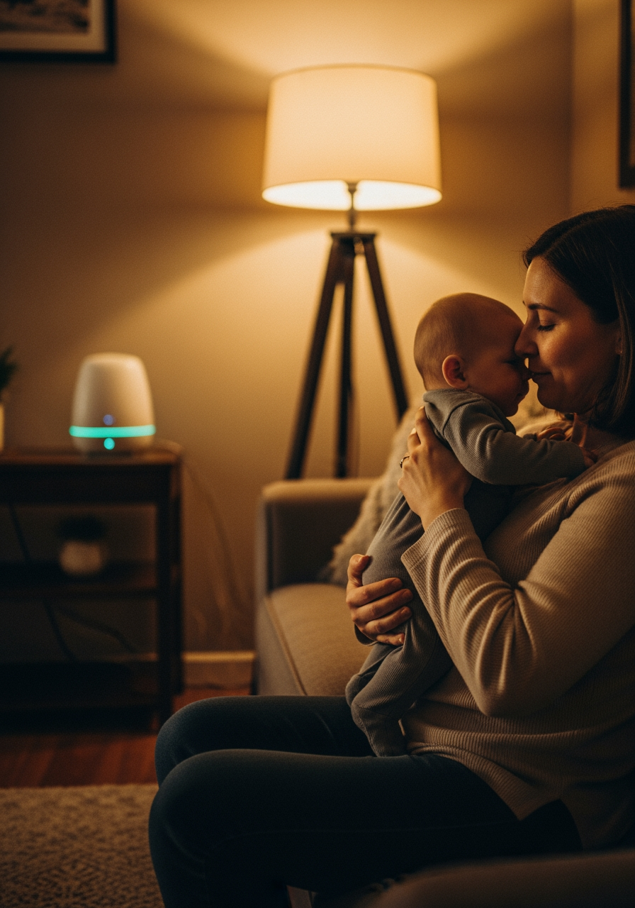 A parent gently swaying with their baby in a warmly lit, cozy living room, with a white noise machine in the background.