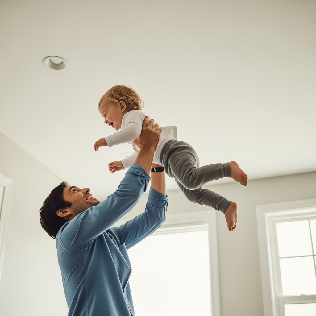 A parent joyfully lifting a happy toddler, showing the positive outcome of a successful nap schedule.
