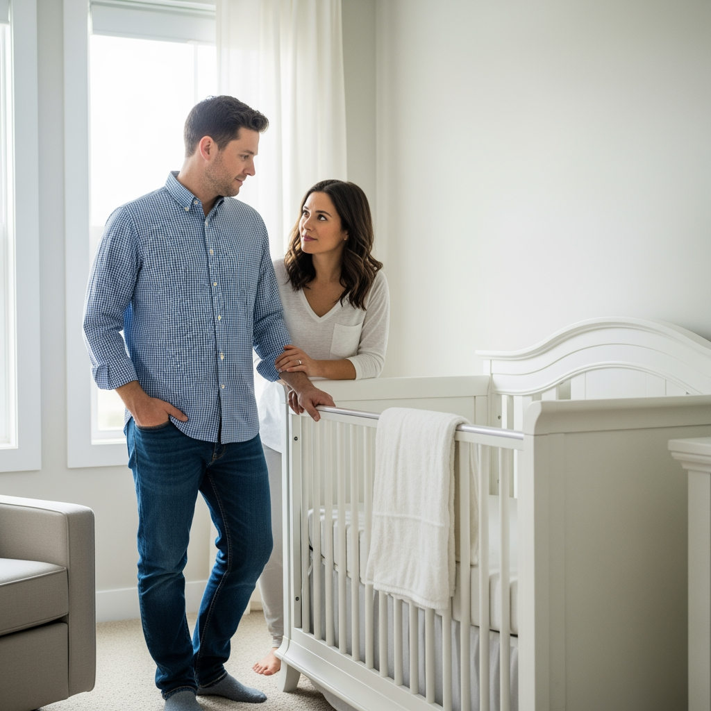 A parent looks thoughtfully at an empty crib during the day, considering how to reset their baby's sleep schedule.