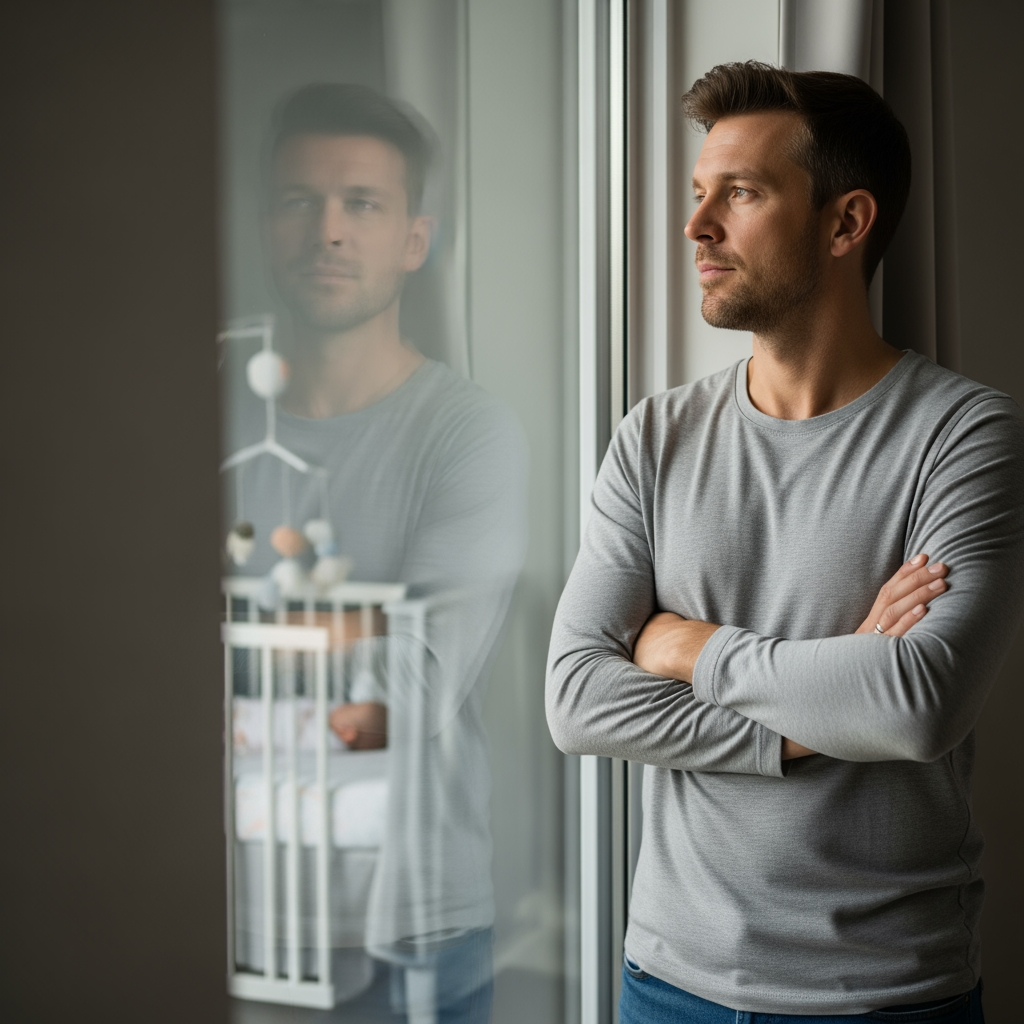 A parent looks thoughtfully out a window, with a nursery in the background, pondering their baby's sleep schedule.