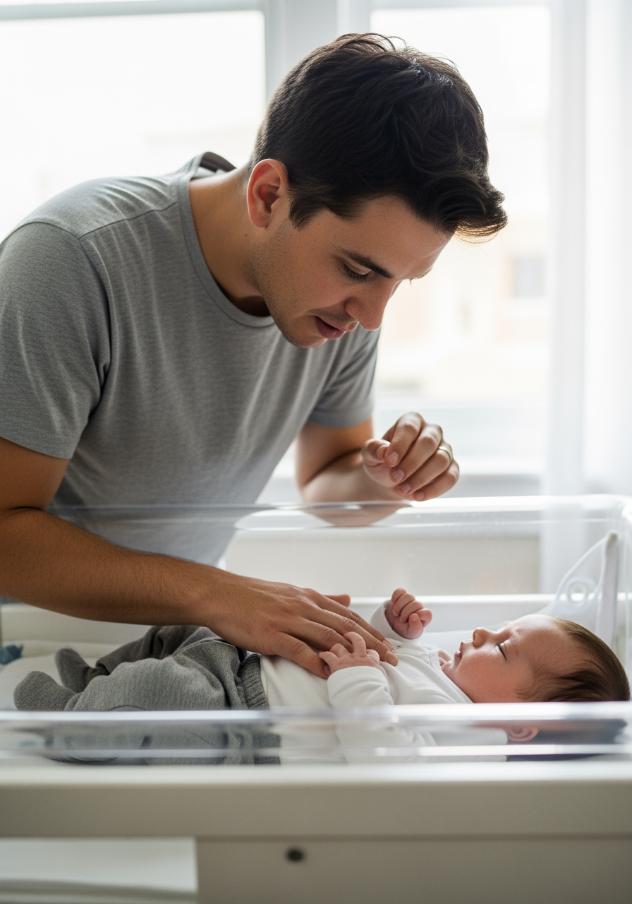 A parent looks with concern at their baby in a bassinet, gently placing a hand on the baby's stomach.