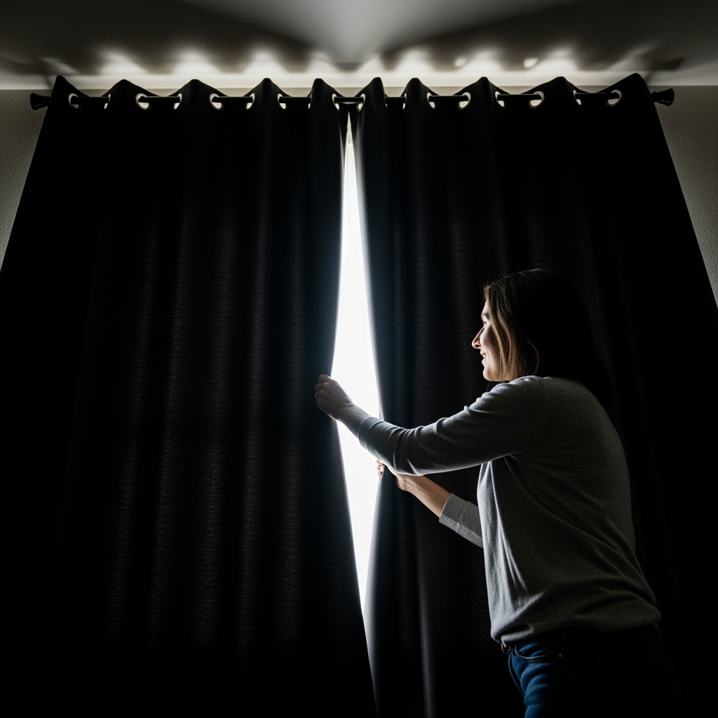 A parent opens a blackout curtain to let in soft light, symbolizing the start of a wake window.