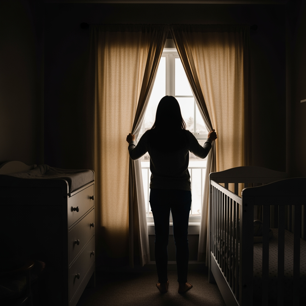 A parent opens the nursery curtains in the morning, letting in bright sunlight to signify a successful night and a new day.