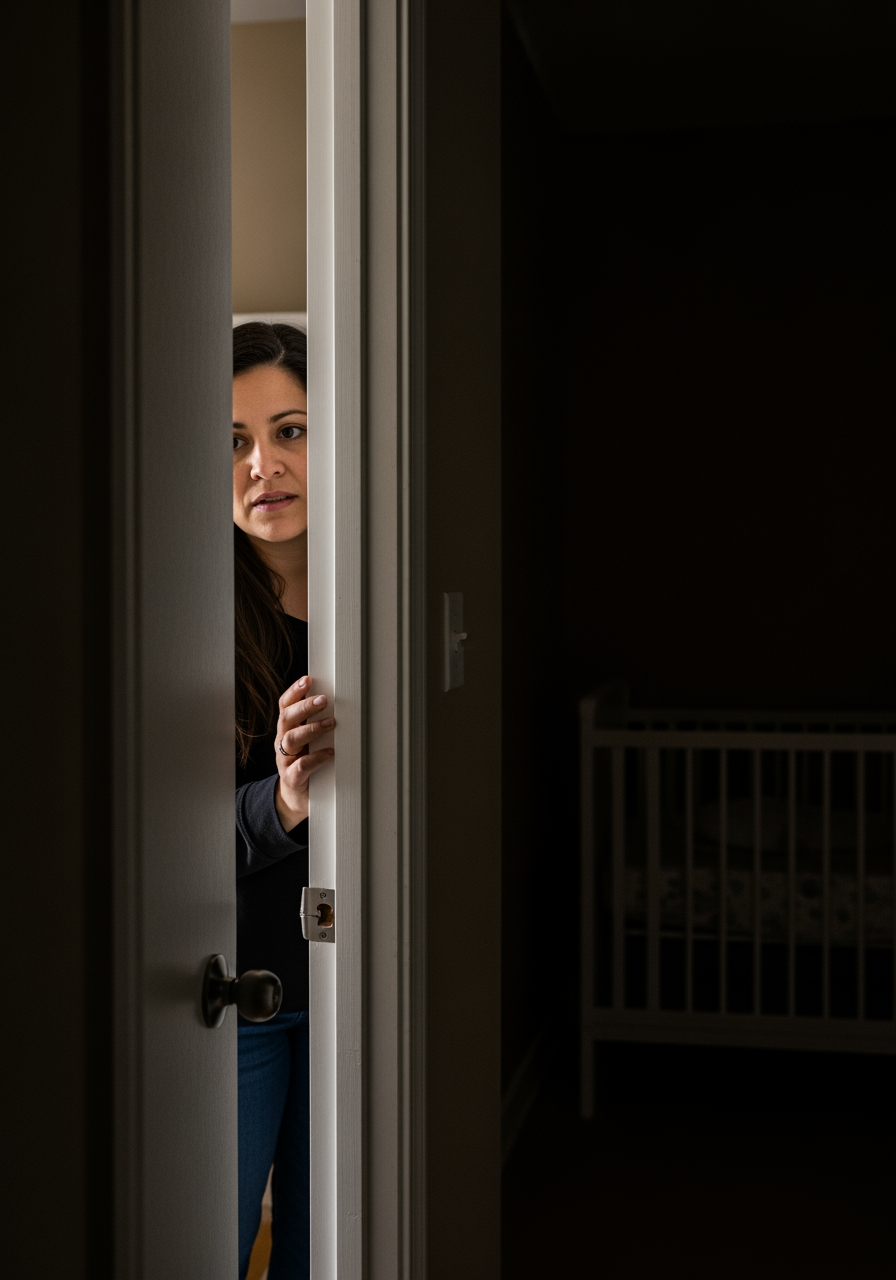 A parent peeking into a dark nursery from the doorway, illustrating the concept of a gentle check-in.