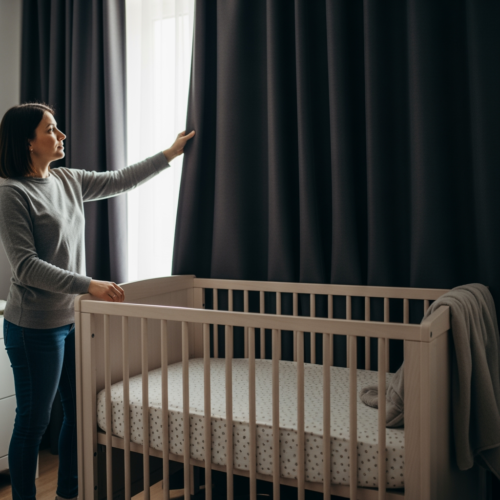A parent prepares a nursery for bedtime by adjusting the curtains, symbolizing taking action and implementing a sleep plan.