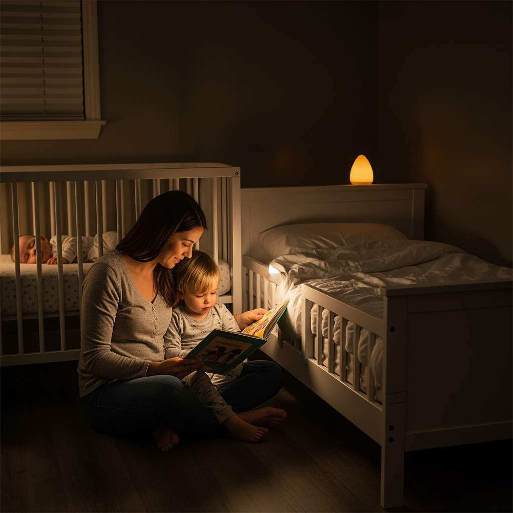 A parent reads a bedtime story to a toddler in a dim room, with a baby's crib visible and out of focus in the background.